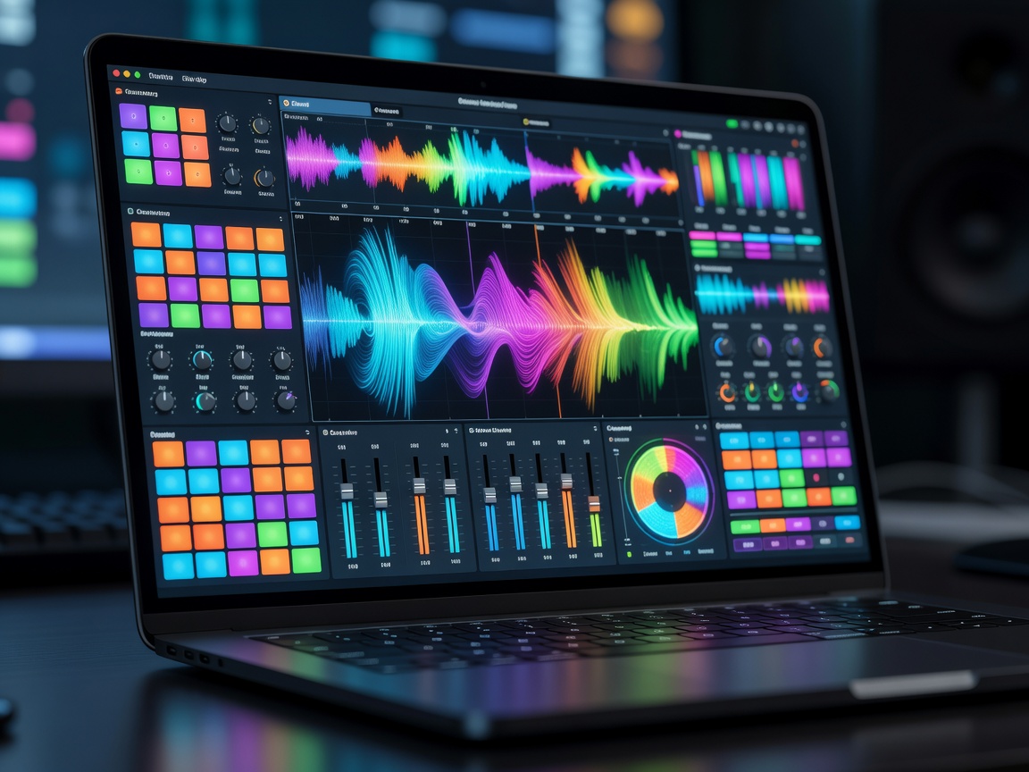 A laptop screen displaying a colorful digital music software interface