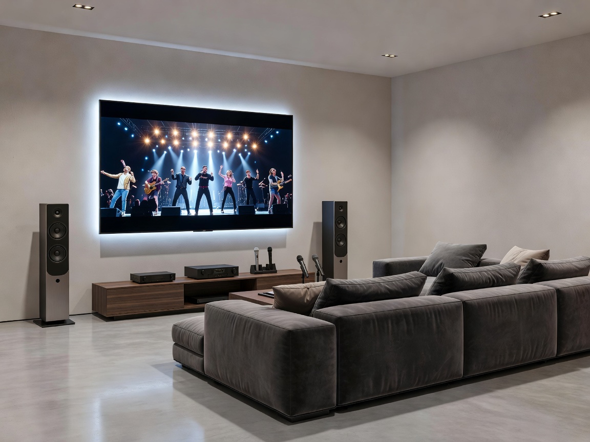 A modern living room with a sleek home theater and karaoke system set up