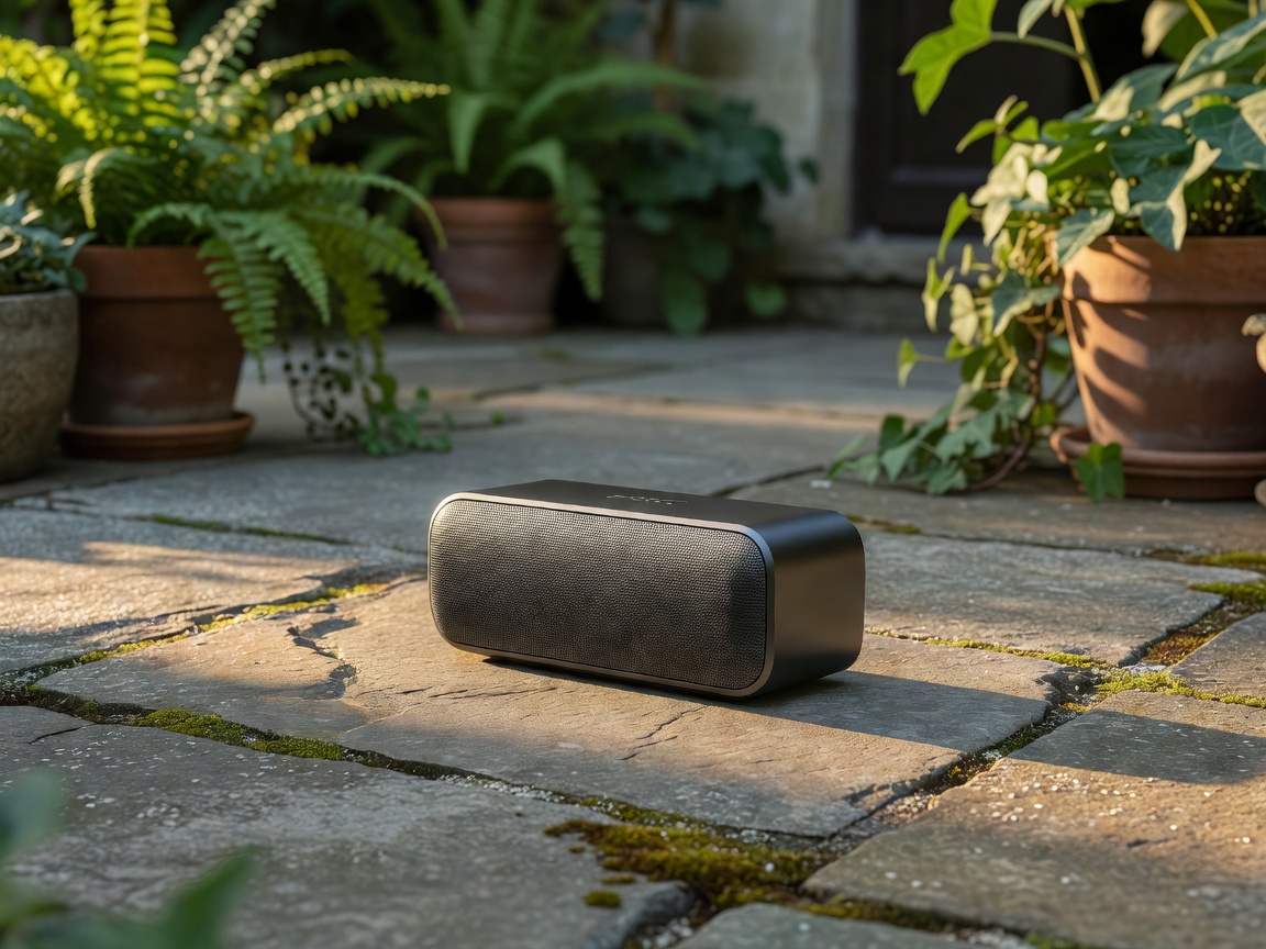 A portable speaker sitting outdoors on a patio