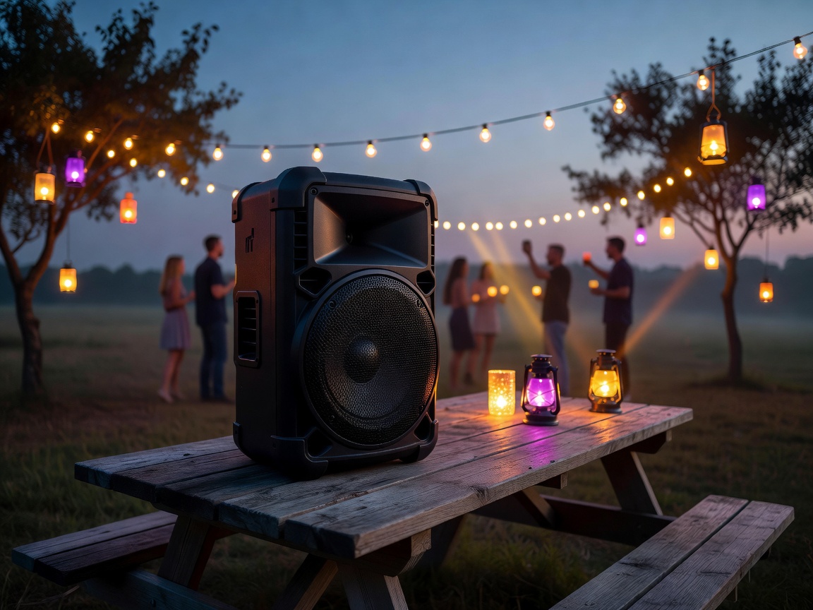 A robust portable speaker on a picnic table at dusk, with ambient party lighting