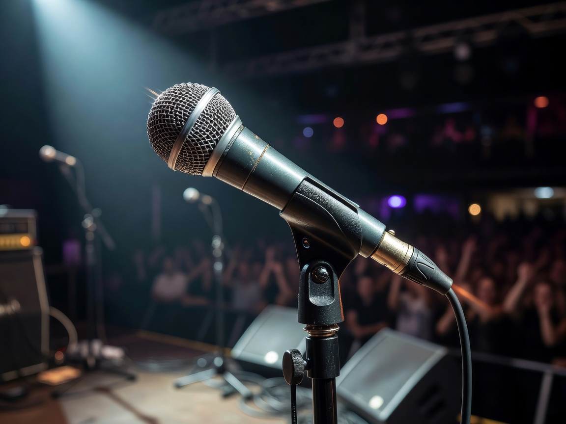 Close up of a dynamic vocal microphone on a stand