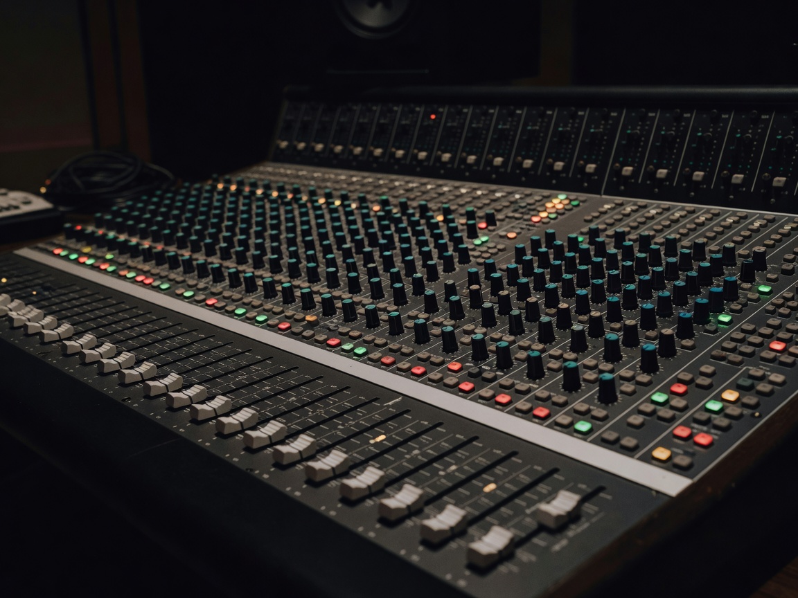 Detailed view of a professional sound mixing board in a dim studio setting