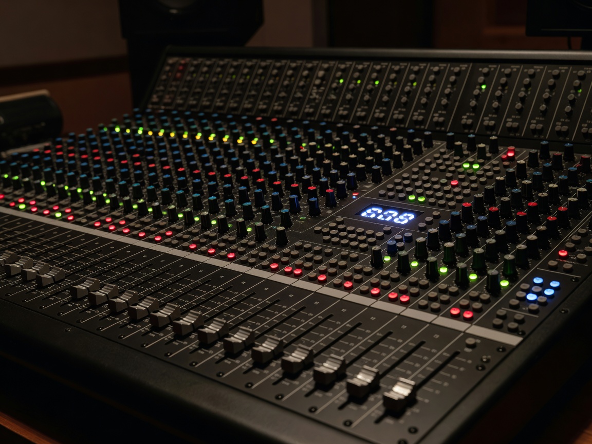 Professional audio mixing board with glowing LED indicators